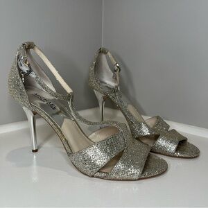 Michael Kors Silver Glitter T-Strap Stiletto Heel Sandals
